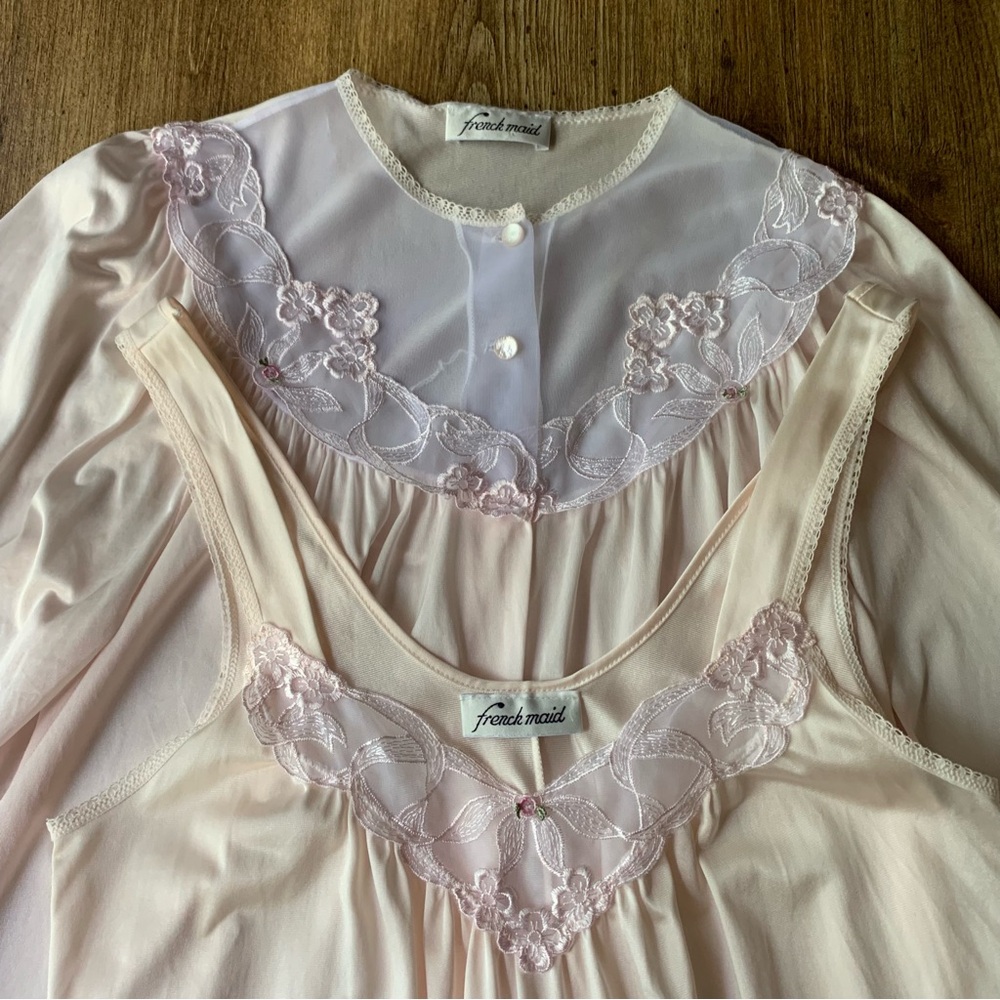 Vintage French Maid Slip Dress Nightgown Robe Set